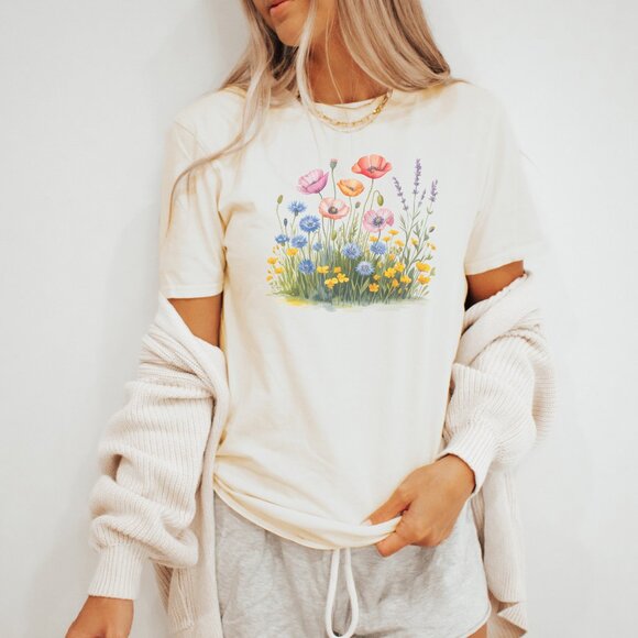 Colorful Wildflower Graphic T Shirt Floral Garden Flowers Nature Tee - Picture 3 of 6